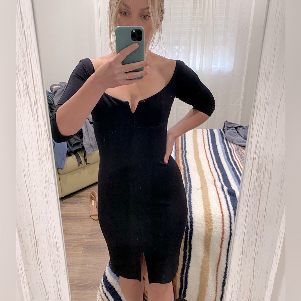 Pamella Roland Vintage Black Mini Dress Y2k 3/4 Sleeve 6 Bodycon Bandage